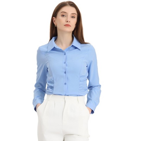Allegra K Women's Point Collar Long Sleeve Button Down Floral Shirt  White-Blue Floral X-Large