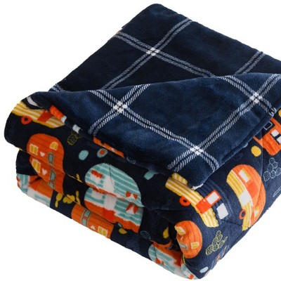 HomeRoots 50" X 60" Blue Orange and Yellow Velvet Quilted Plush Throw Blanket