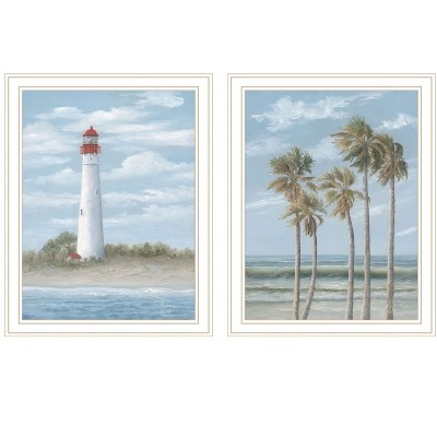 HomeRoots Set Of Two Cape May Lighthouse And Palm Trees White Framed Wall Art