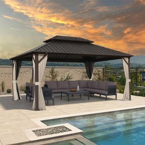 PURPLE LEAF Outdoor Hardtop Gazebo Metal Frame Galvanized Steel Double Roof with Curtains and Nettings for Patio Desk Backyard Bronze - 1 of 4