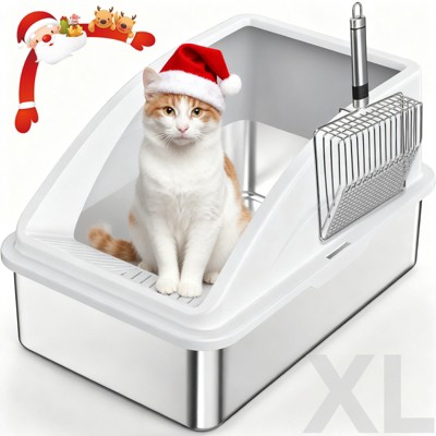JOEJOY Cat Litter Box,Large Stainless Steel Cat Litter Box with Lid for Big Cats, High Side,Anti-Leakage,Non-Sticky, Easy Clean,Odorless
