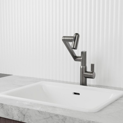 DOMETOUR Gun Grey Bathroom Sink Faucet with Spray Function and Temperature Display for Anti-Skid Switch and Hot & Cold and 360° Rotary