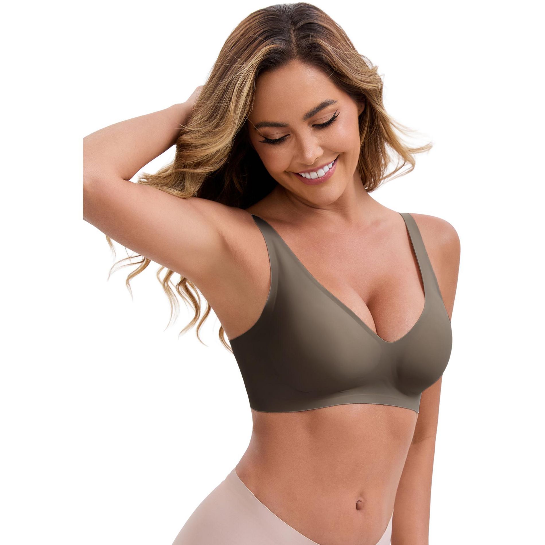 INSPIRE CHIC Women's Deep V-Neck Wireless Adjustable Spaghetti Straps Push-Up Seamless Soft Everyday Bras Medium Brown