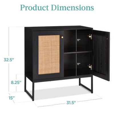 Black and Rattan 2-Door Storage Cabinet with Elevated Legs