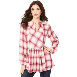 Roaman's Women's Plus Size Lace-Back Plaid Big Shirt - 1 of 4