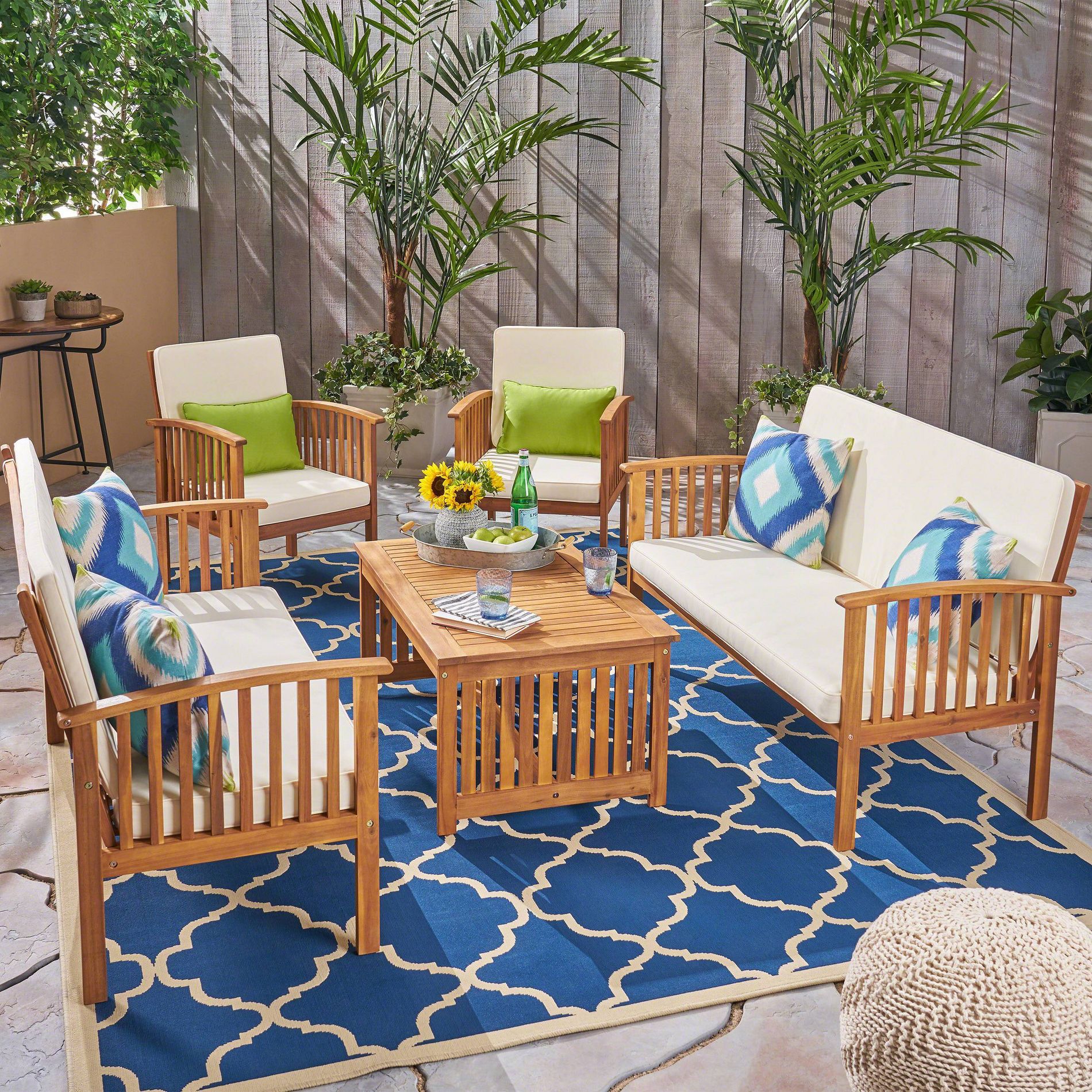 Carolina 5pc Acacia Wood Sofa Set Brown/Cream - Christopher Knight Home: Weather-Resistant, Includes Cushions
