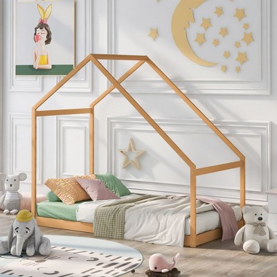 CAVINAS Twin/Full Size Small House Bed Frame,Modern Floor Bed for Kids Room,Bedroom