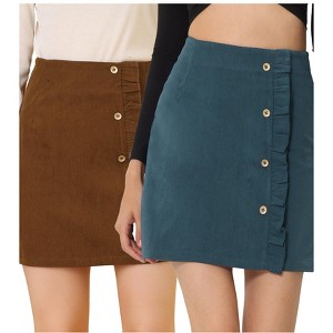 INSPIRE CHIC Women's Corduroy Vintage Button Decor Ruffled Trim High Waist Mini Skirt 2 Packs - 1 of 4