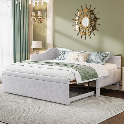 Twin Size Upholstered L-Shaped Daybed with Pop-Up Trundle, Beds Convertible to Larger Size, Wood Frame Space-Saving Style Bed-Baofuwish
