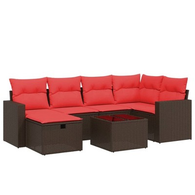 vidaXL 7 Piece Patio Sofa Set with Cushions Brown Poly Rattan