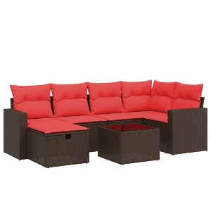 vidaXL 7 Piece Patio Sofa Set with Cushions Brown Poly Rattan - 1 of 4