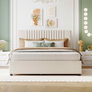 MAYEERTY Full Size Upholstered Platform Bed, 2 Drawers Twin Trundle Classic Headboard, Bedroom, Beige - 1 of 4