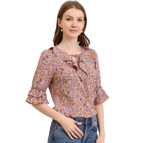 Allegra K Women's Ruffled Neck Floral Tie Neck Ruffle Sleeve Top Light ...