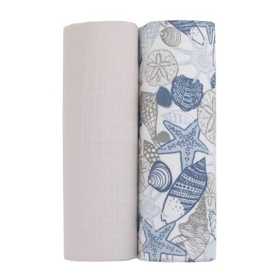 NoJo Seashells 100% Cotton Muslin Swaddles - Blue - 2pk