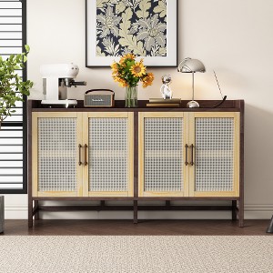Lyngins Rustic Cane & Wood Sideboard Cabinet, 4-Door Buffet Cabinet with Adjustable Shelves, Versatile Storage Cabinet for Dining Room, Living Room - 1 of 4