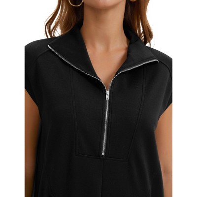 Женские платья INSPIRE CHIC Women's Half Zip Cap Sleeve V Neck Lapel Collar Tunic Summer Shift Mini Dresses with Pockets Medium Black — фото 6
