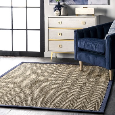 Navy Rectangular Seagrass Herringbone Area Rug, 6' x 9'