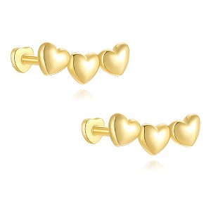 Heart Crawler Flat Back Earrings for Cartilage Helix Tragus Lobe Gold over Sterling Silver Studs Pair by Ginger Lyne - 1 of 4