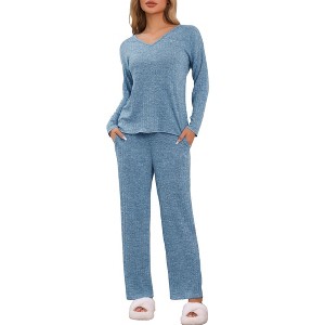 cheibear Women's Ribbed Knit Lounge Long Sleeve Sleepwear with Pants Pajama Set 2 Pcs - 1 of 4
