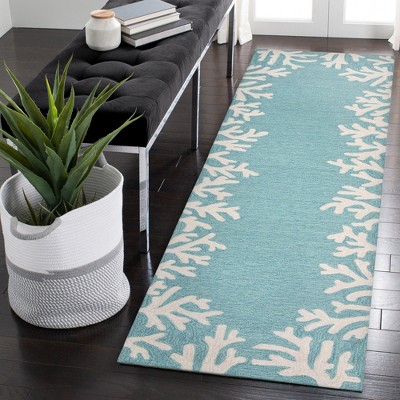 Coral Border Aqua Hand-Tufted Wool Rug, 2x8 ft