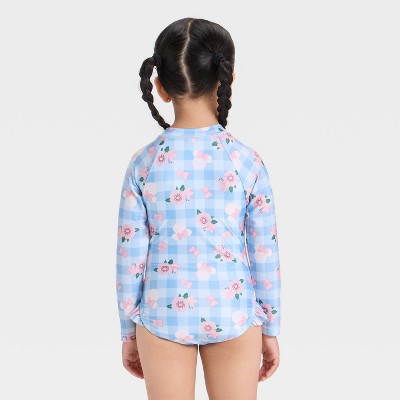 Toddler Girls' Disney Minnie Mouse Long Sleeve Floral Gingham Half Zip One Piece Rash Guard Swimsuit - Light Blue