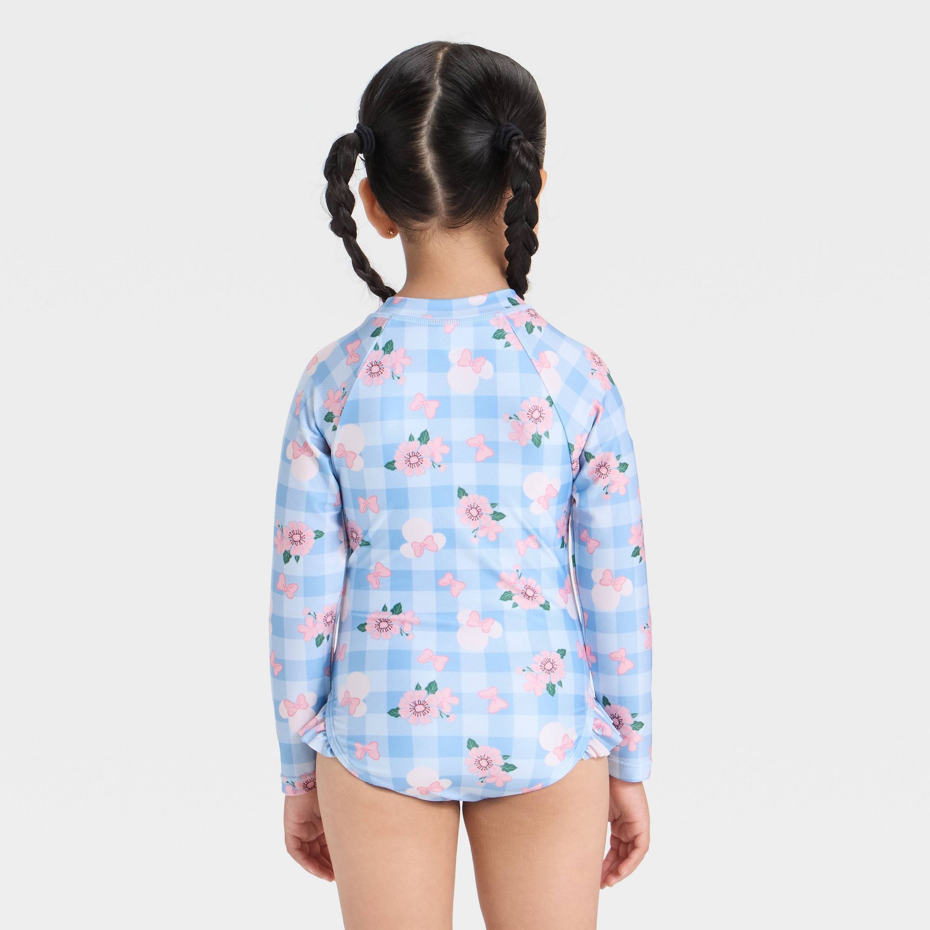 Toddler Girls' Disney Minnie Mouse Long Sleeve Floral Gingham Half Zip One Piece Rash Guard Swimsuit - Light Blue