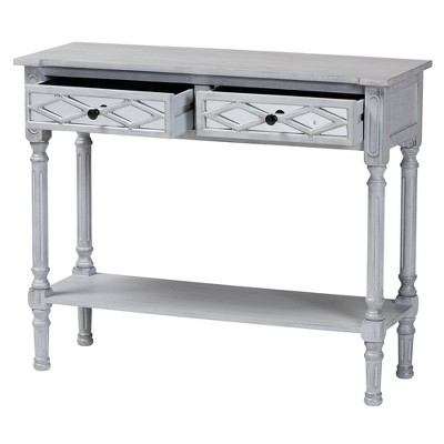 Gray Wood and Mirrored Glass 2-Drawer Console Table with Storage Shelf
