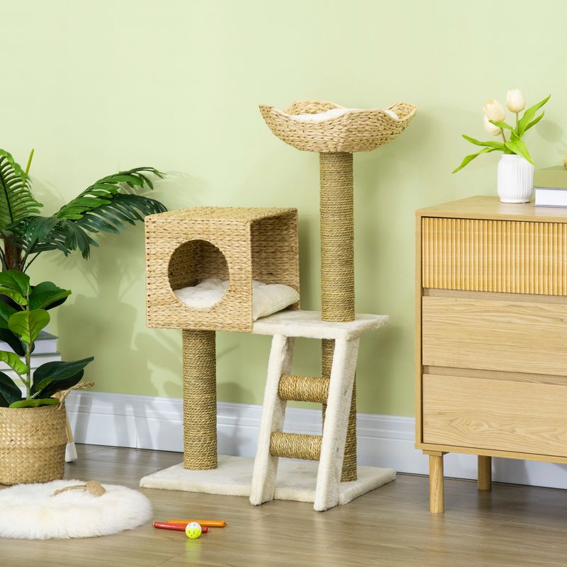 PawHut Cattail Weave Cat Tree for Indoor Cats Kitty Tower with Rattan Cat Condo, Wicker Bed, Ladder, Washable Cushions, 22.5" x 14.5" x 39.5", Natural, 3 of 8
