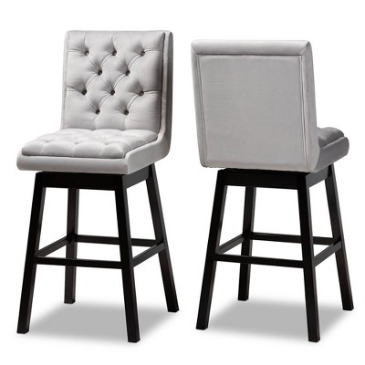 2pc Set Gregory Velvet Upholstered Wood Swivel Barstool Light Gray/Dark Brown - Baxton Studio