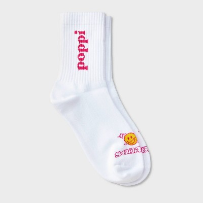 Adult Poppi Soda's Back Graphic Crew Socks - White: Flat Seams, Ankle Height, Knit Design