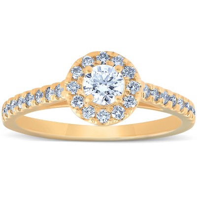 Pompeii3 3/4 Ct Halo Round EX3 Lab Created Diamond Engagement Halo Ring 10k Yellow Gold