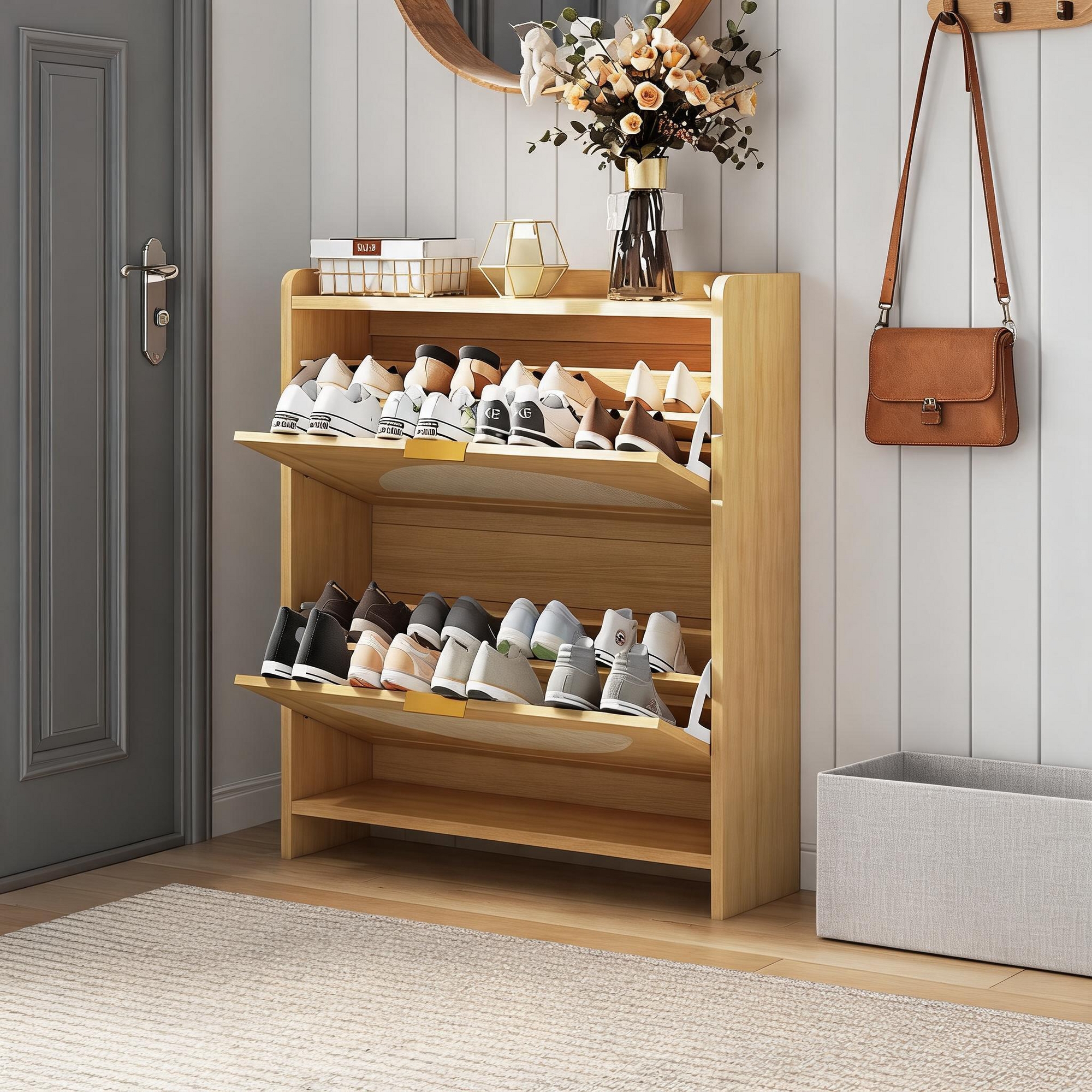 Rattan Shoe Storage Cabinet with Flip Drawers, Wooden Organizer with Adjustable Shelves for Home Entryway Bedroom