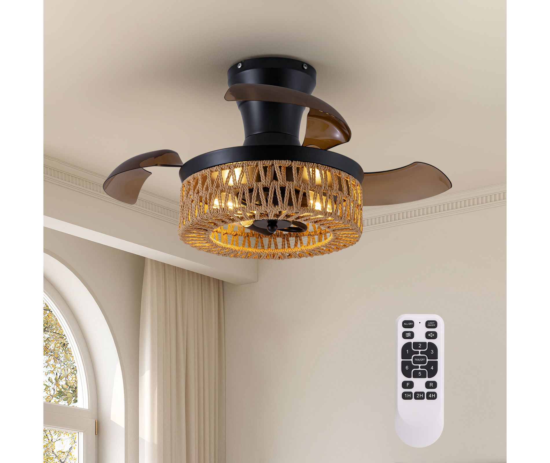 Ludomide 28inch Retractable Ceiling Fan with Lights and Remote Flush Mount Small Caged Ceiling Fan Farmhouse Boho Fandelier for Bedroom Dining Room