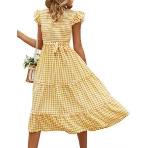 Coolmee Women's Summer Boho Dresses Casual V Neck Ruffle Sleeve Sundress Flowy Tiered Beach Vacation Maxi Dress with Belt - 1 of 4