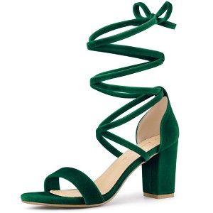 Allegra K Women's Faux Velvet Open Toe Strappy Lace-Up Chunky Heel Sandals - 1 of 4