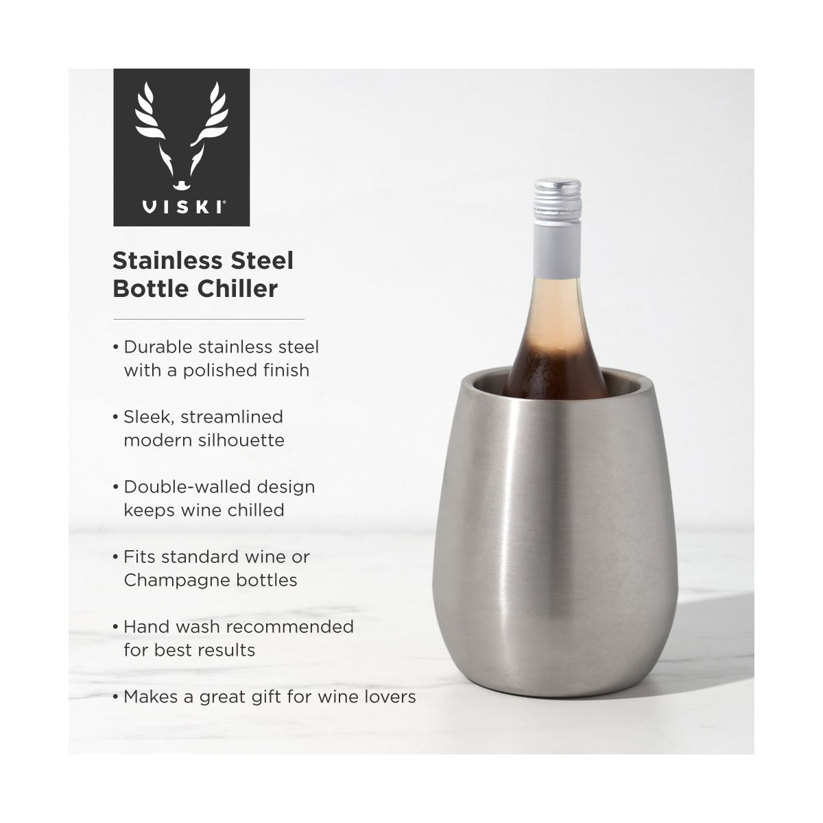 Viski Single Bottle Chiller for Wines, Champagnes, Double Walled Bottle Cooler, Stainless Steel, Fits Standard Size Bottle, Gifts for Wine Lovers - thumbnail 2