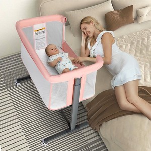 Kinder King Baby Folding Bassinet w/Wheels,Portable Newborn Bedside Sleeper All-Sided Mesh Infant Crib Removable Soft Mattress - 1 of 4