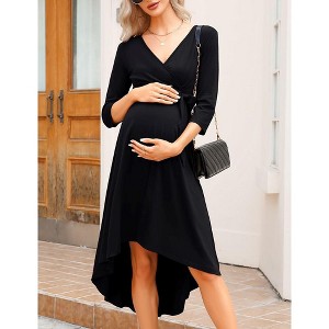 YesFashion Women's Maternity V-Neck 3/4 Sleeve Wrap Dress Casual Hi-Low Midi Tie Nursing Breastfeeding Dress with Belted - 1 of 4