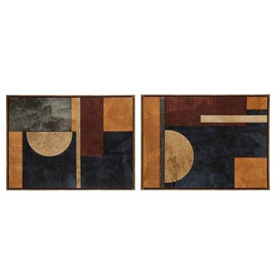 Jeweled Geo Multi-Color Abstract Canvas Wall Art Set with Walnut Frame