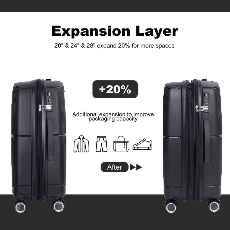 3 PCS Expanable Luggage Set, PP Lightweight Hardshell Spinner Wheel Suitcase with TSA Lock (20+24+28)-ModernLuxe, 4 of 13