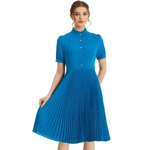 Allegra K Women's Elegant Short Sleeve Ruffle Stand Neck Belted Waist Pleated A Line Midi Dress - 1 of 4