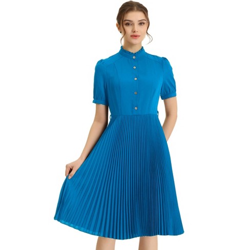 Allegra K Women's Elegant Short Sleeve Ruffle Stand Neck Belted Waist  Pleated A Line Midi Dress Bright Blue X-large : Target