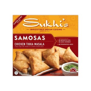 Sukhi's Indian Chicken Tikka Masala Samosa Frozen Appetizer Snack with Cilantro Chutney Dipping Sauce - 10oz - 1 of 4