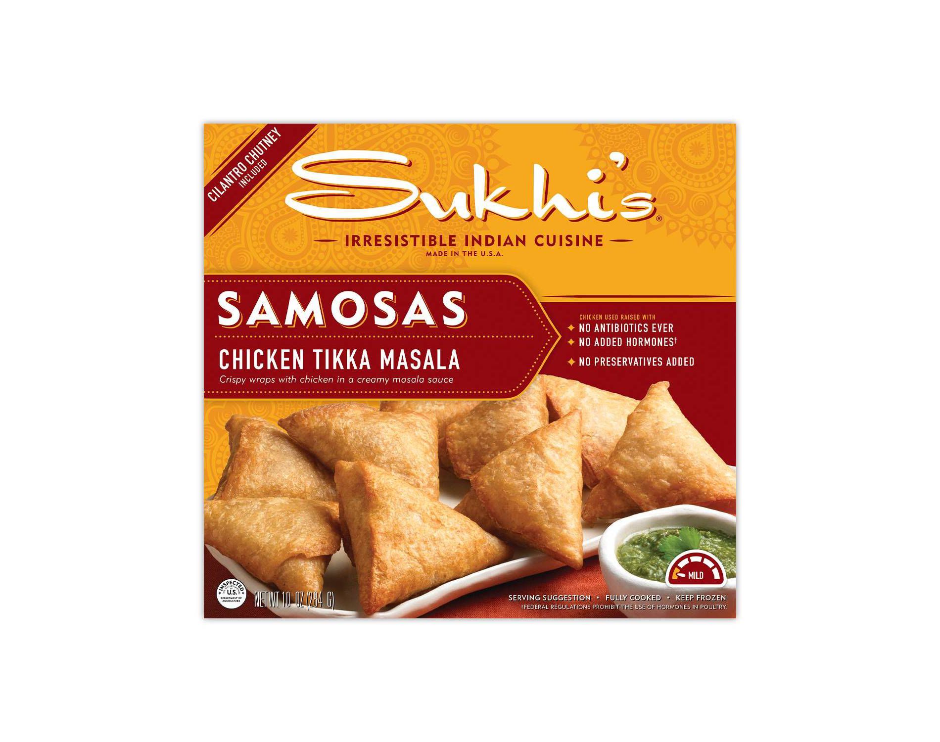 Sukhi's Indian Chicken Tikka Masala Samosa Frozen Appetizer Snack with Cilantro Chutney Dipping Sauce - 10oz