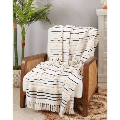Ivory Cotton Corded Fringe Throw Blanket with Stripes