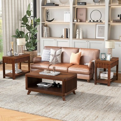VYNXARIA 25inch Rectangular Farmhouse End Table with Storage Shelf,Sofa Side Table with Solid Wood Legs for Living Room, Bedroom