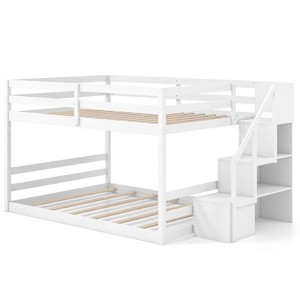 Costway Full Over Full Low Bunk Bed with Storage Stairs with Full-length Guardrails - 1 of 4