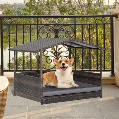 Medium Brown Wicker Outdoor Dog House with Grey Cushion