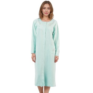 YafeMarte Women’s Long Sleeve Quilted Fleece Button-Front Nightgown with Embroidered Floral Design - 1 of 4