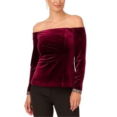 Adrianna Papell Womens Bead Velvet Top Off the Shoulder Blouse